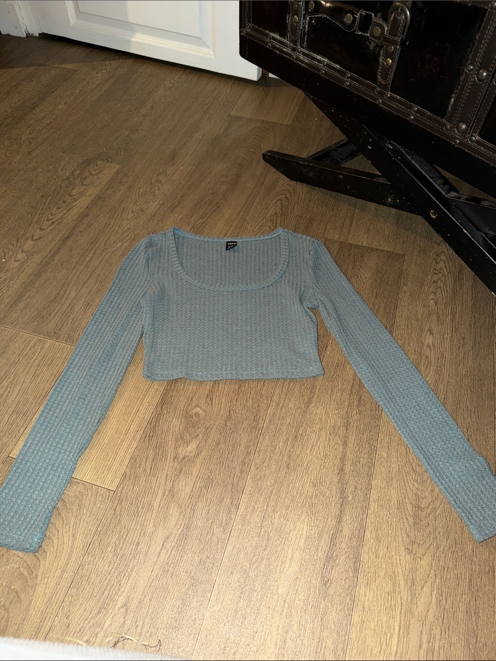 SHEIN Slate Blue Waffle Knit Cropped Long Sleeve Top